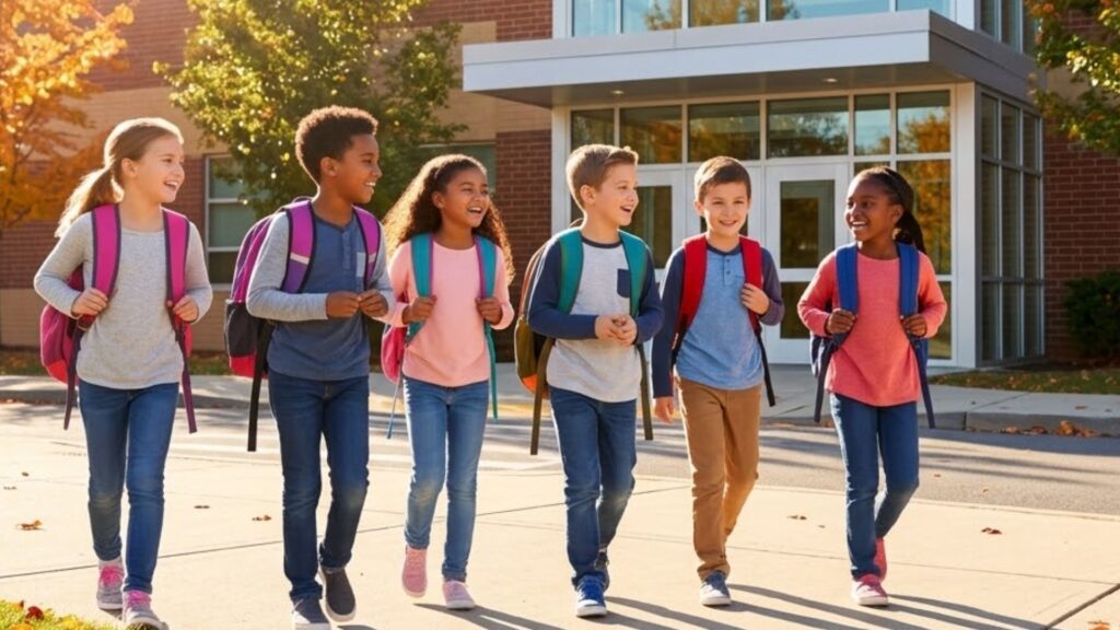 kids with backpacks outside of school