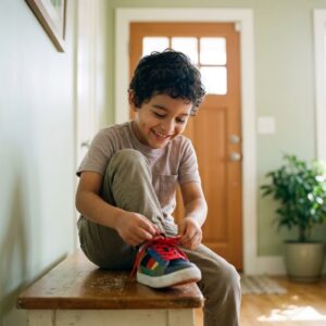 child tying his shoe