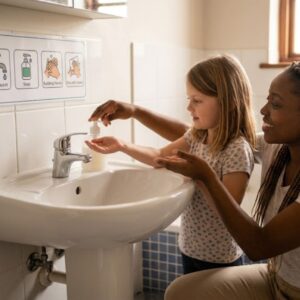parent assisting child in washing hands