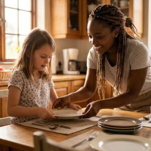 parent assisting child in setting a table