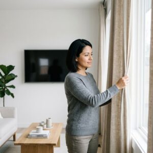 woman opening drapes in her home