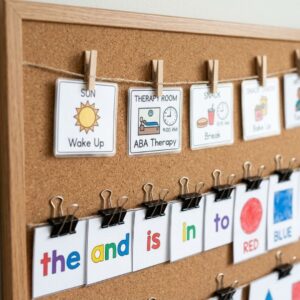 corkboard with words, colors, actions