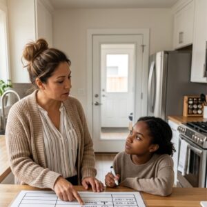 parent discussing a chart with her child