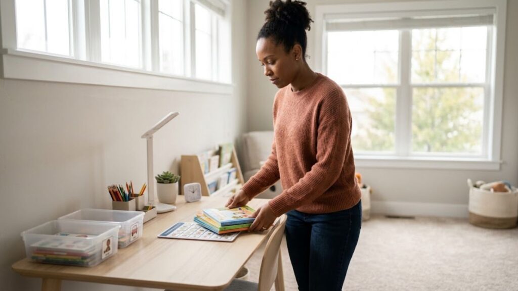 woman organizing her childs resources