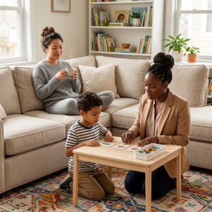 parent watching therapist and child in living room