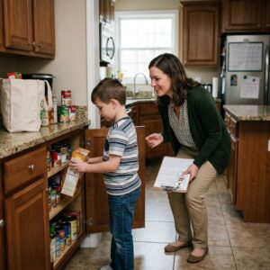 parent working with child on groceries