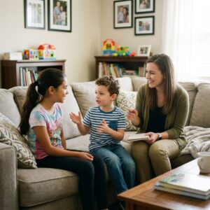 parent and children in living room